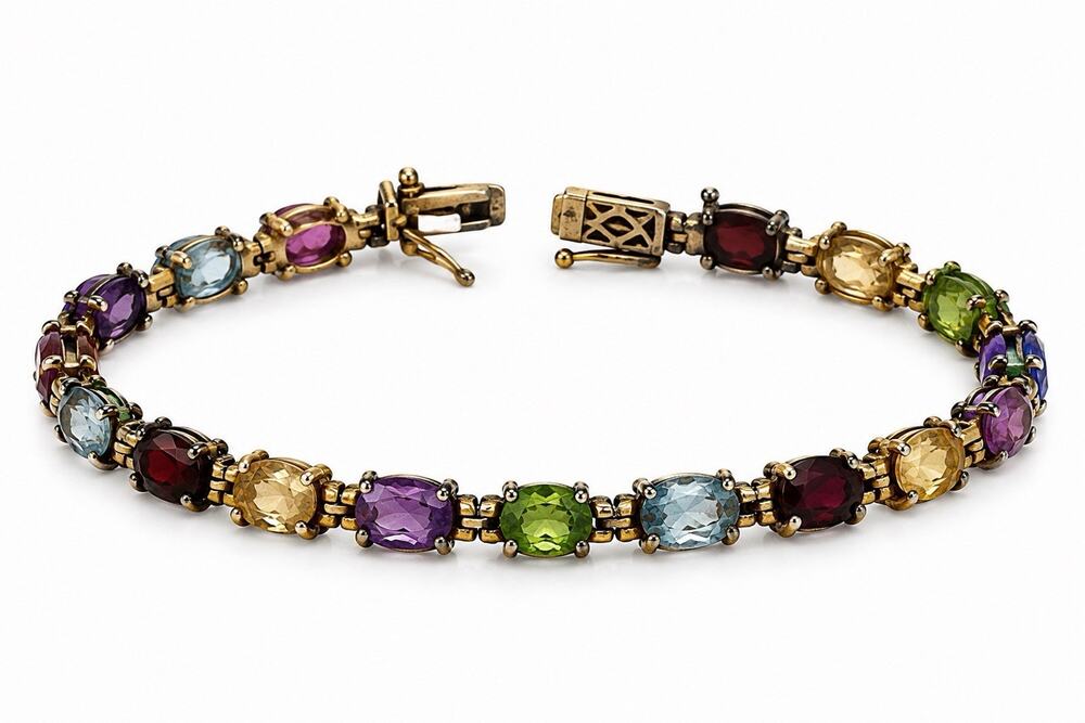 925 Sterling Silver Garnet Citrine Peridot Topaz Amethyst Bracelet Size 7.5